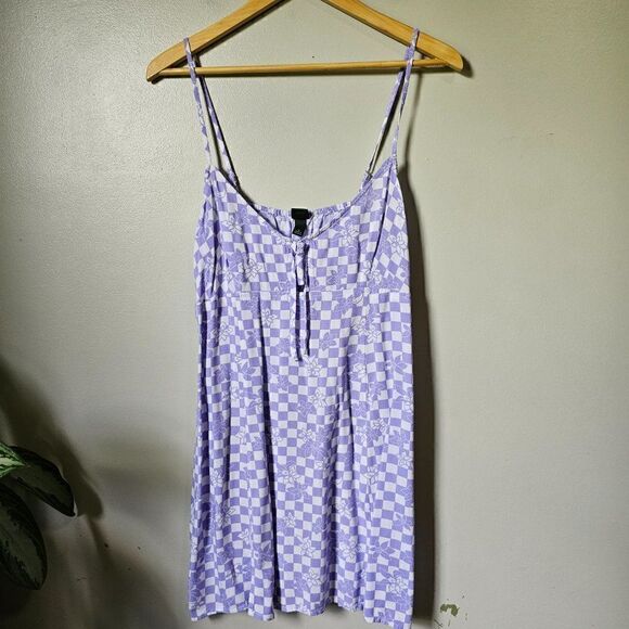 EUC WILD FABLE WHITE & PURPLE MILKMAID CHECKERED/ FLORAL SHORT DRESS SIZE XL - Picture 1 of 14